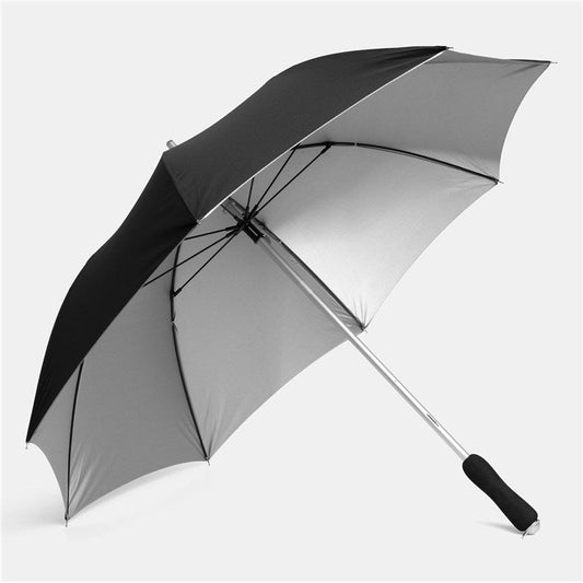 Μαύρη/ασημί ομπρέλα βροχής, αυτόματη, μακριά, για την βροχή ή και τον ήλιο. Κατάλληλη και για φωτογράφους.