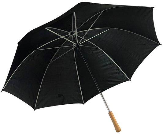 Μαύρη ομπρέλα βροχής, συνοδείας, με ξανθή λαβή, και 8 διπλές ακτίνες.