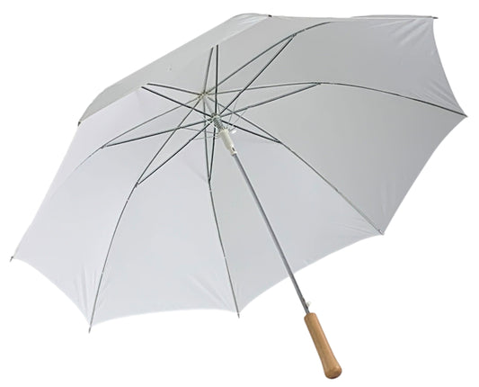Λευκή ομπρέλα βροχής, αυτόματη, με ίσια ξύλινη λαβή.