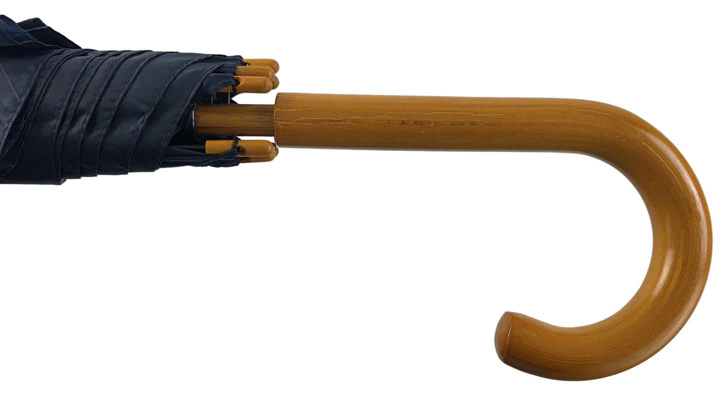 Μπλε μαρίν (σκούρο) ομπρέλα βροχής, αυτόματη, με ξύλινη κυρτή λαβή.