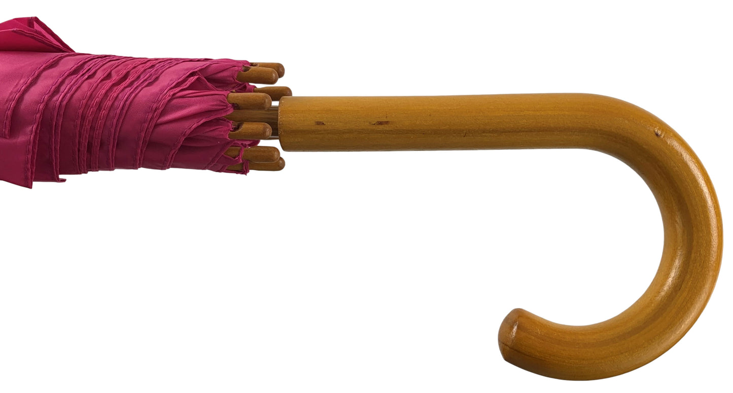 Φούξια ομπρέλα βροχής, αυτόματη, με ξύλινη κυρτή λαβή.