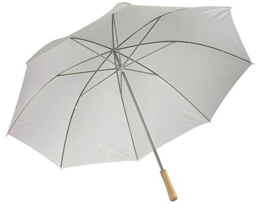 Λευκή ομπρέλα βροχής, συνοδείας, με 8 διπλές ακτίνες με ξανθή λαβή.