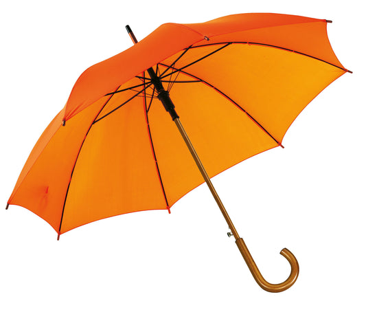 Πορτοκαλί ομπρέλα βροχής, αυτόματη, με ξύλινη κυρτή λαβή.