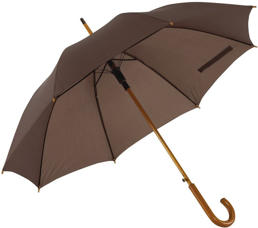 Καφέ σκούρο ομπρέλα βροχής, αυτόματη, με ξύλινη κυρτή λαβή.