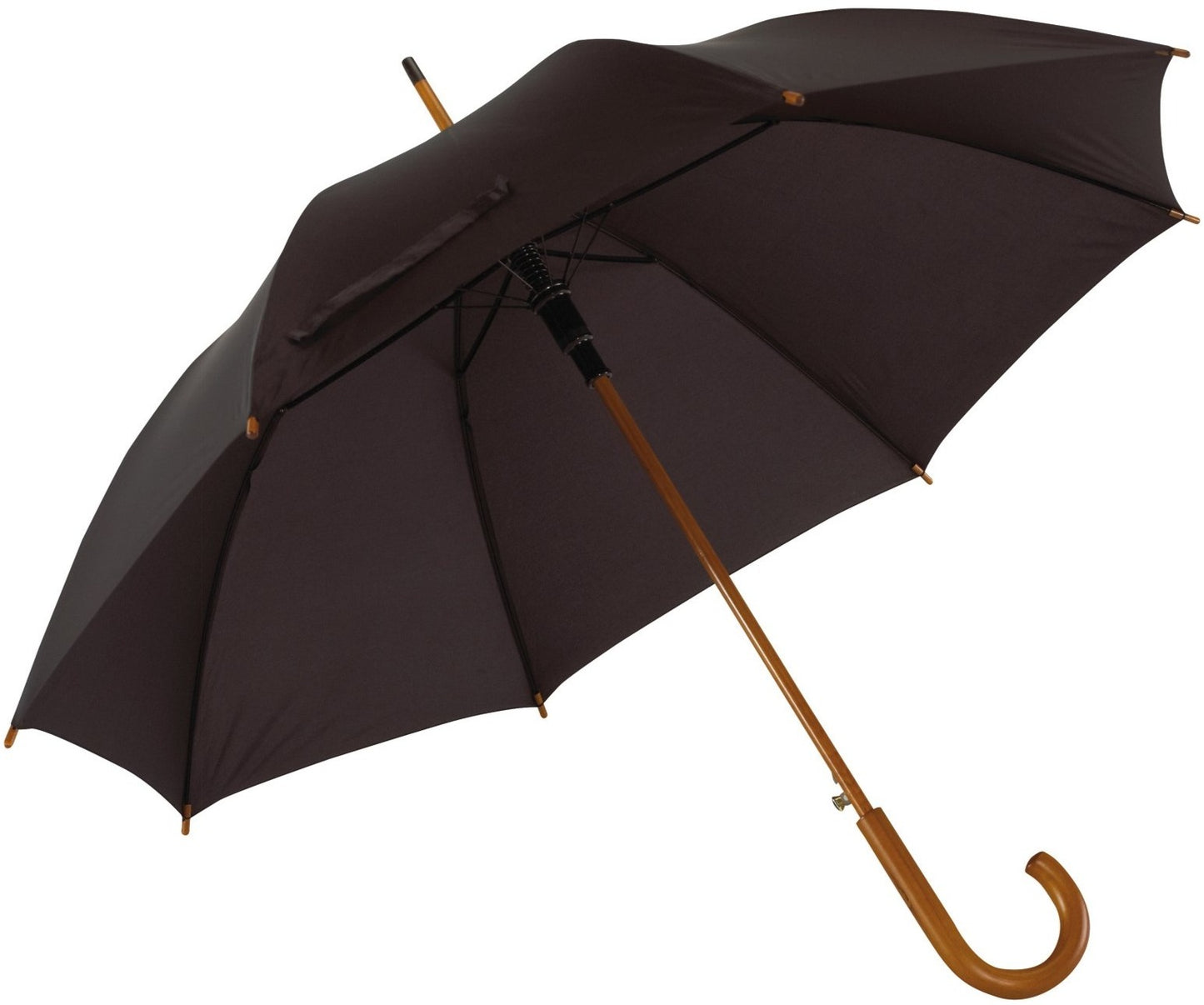 Μαύρη ομπρέλα βροχής, αυτόματη, με ξύλινη κυρτή λαβή.
