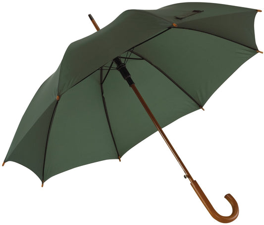 Πράσινη (σκούρo) ομπρέλα βροχής, αυτόματη, με ξύλινη κυρτή λαβή.
