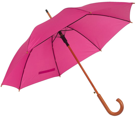 Φούξια ομπρέλα βροχής, αυτόματη, με ξύλινη κυρτή λαβή.