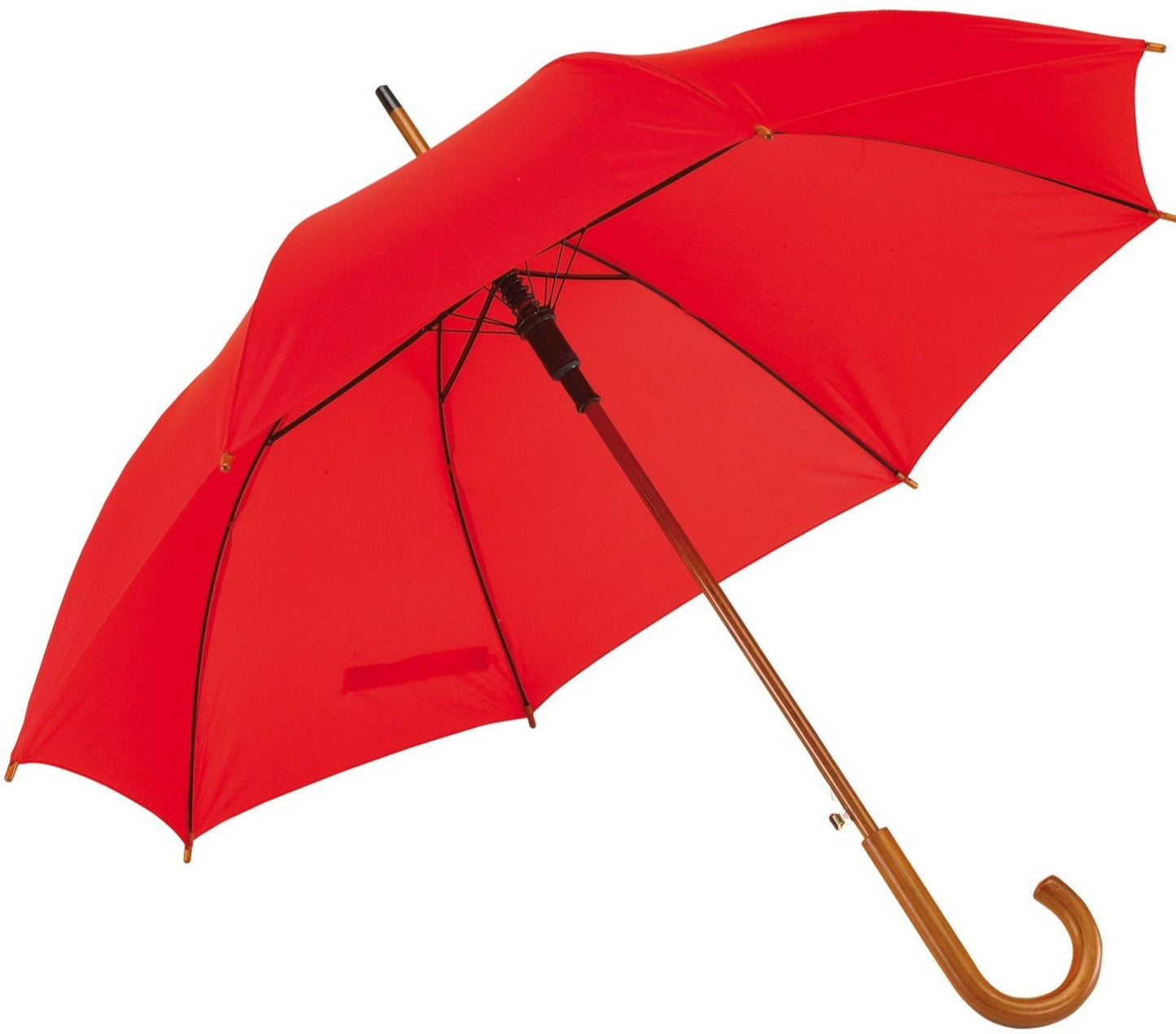 Κόκκινη ομπρέλα βροχής, αυτόματη, με ξύλινη κυρτή λαβή.