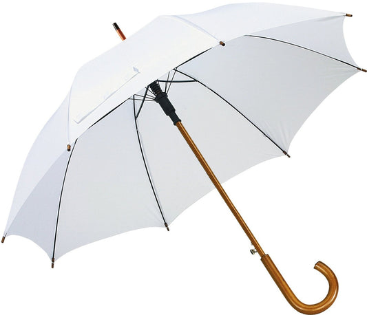 Λευκή ομπρέλα βροχής, αυτόματη, με ξύλινη κυρτή λαβή.