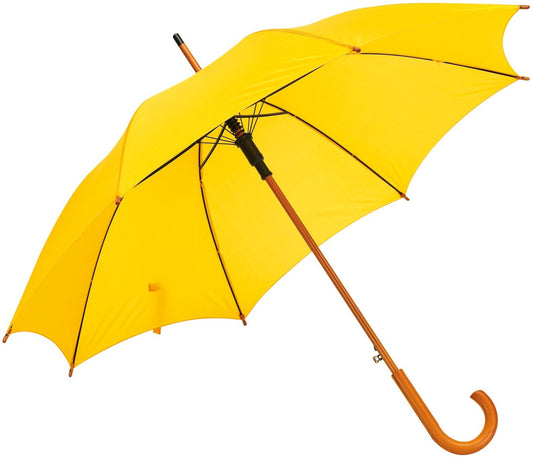 Κίτρινη, Ομπρέλα Βροχής, Αυτόματη, με ξύλινη κυρτή λαβή (κωδικός 01-03-0328).