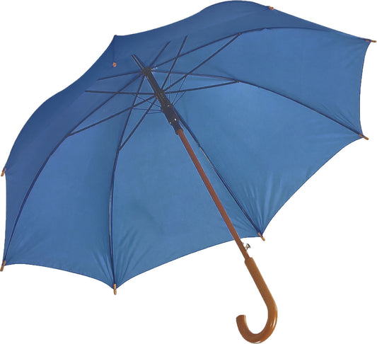 Μπλε ρουά ομπρέλα βροχής, αυτόματη, με ξύλινη κυρτή λαβή.