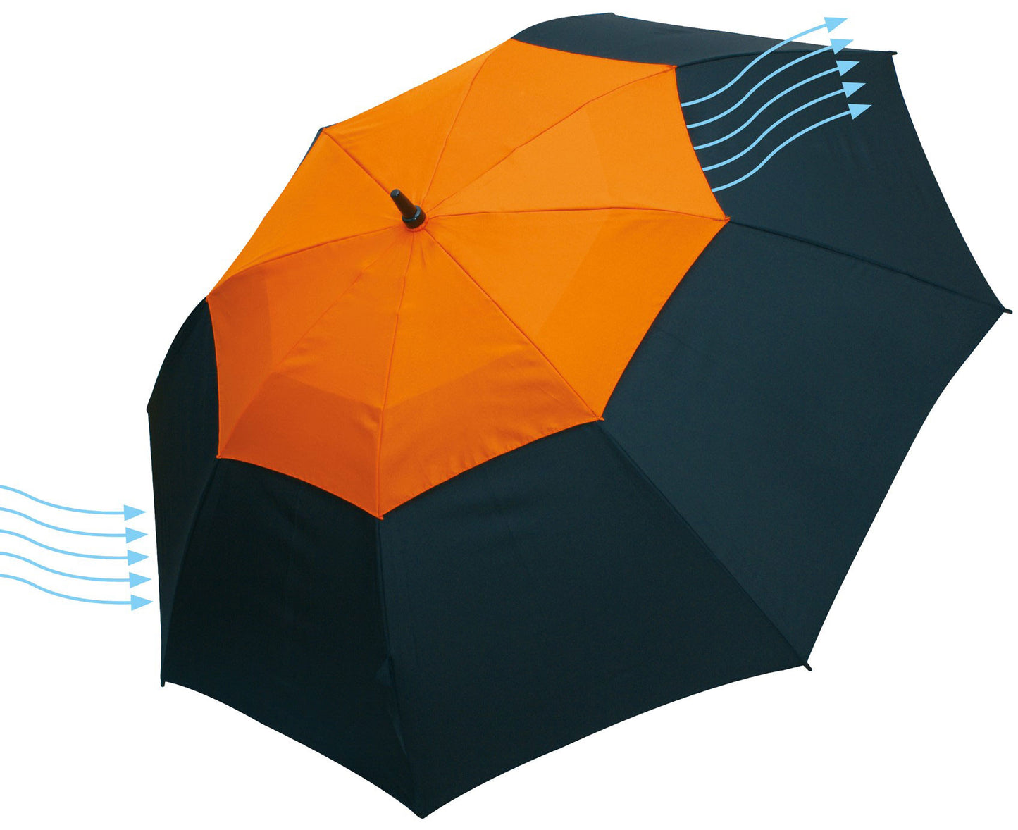Μαύρη/πορτοκαλί ομπρέλα βροχής, συνοδείας, με αεραγωγό, ιστός και ακτίνες από αθρακόνημα.
