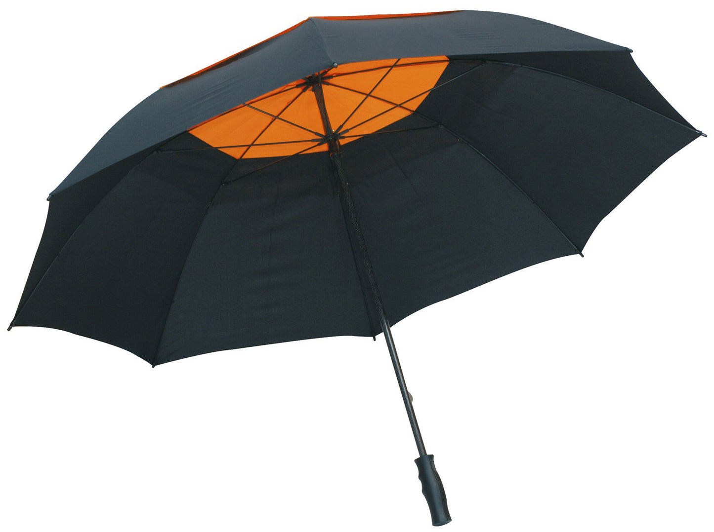 Μαύρη/πορτοκαλί ομπρέλα βροχής, συνοδείας, με αεραγωγό, ιστός και ακτίνες από αθρακόνημα.